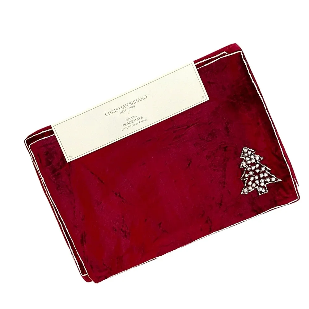 Christian Siriano Christmas Red Velvet Velour Beaded Tree Placemat Set of 4 New